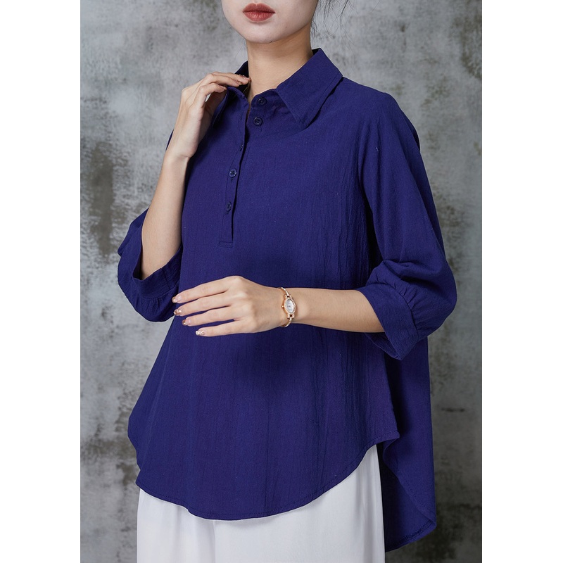 Stylish Navy Peter Pan Collar Oversized Linen Tops Summer