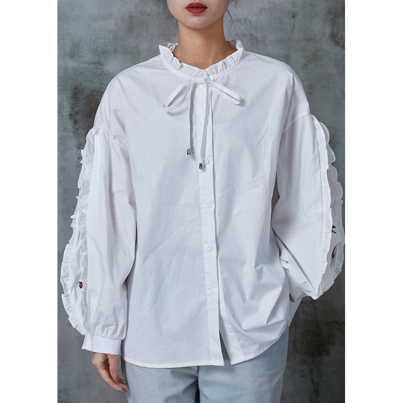 White Cotton Blouses Embroidered Ruffled Spring