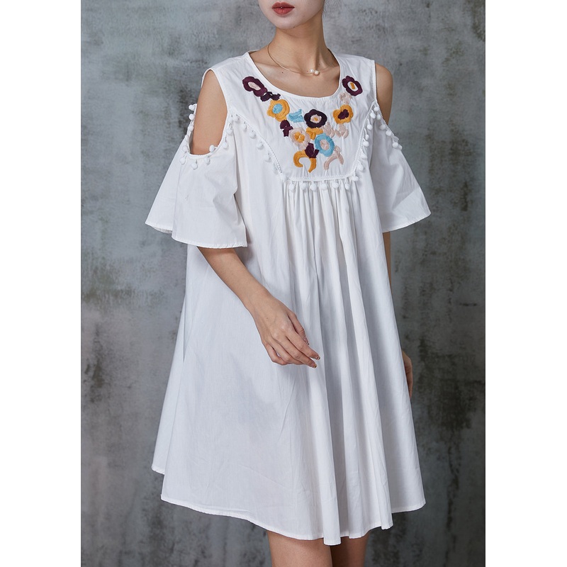 White Cotton Mid Dress Tasseled Embroidered Summer