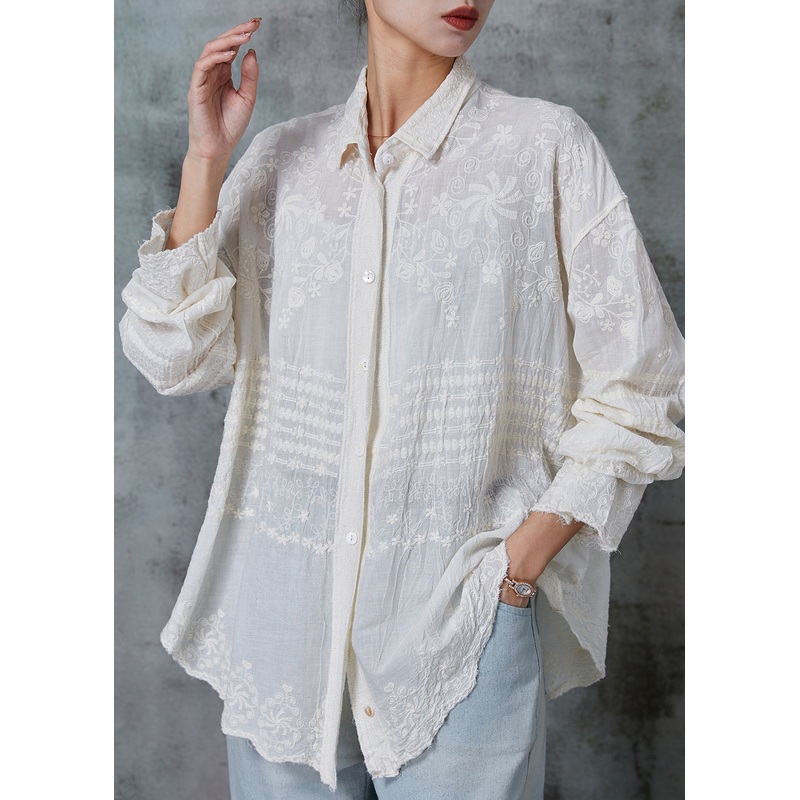 Women Apricot Embroidered Cotton Blouses Spring