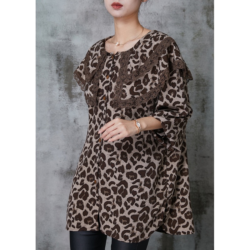Women Double-layer Leopard Print Chiffon Blouse Top Spring