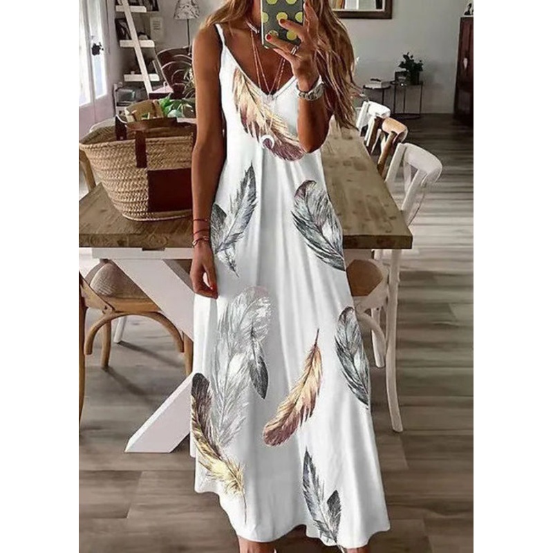 Women Feather Print V Neck Cotton Long Dresses Sleeveless