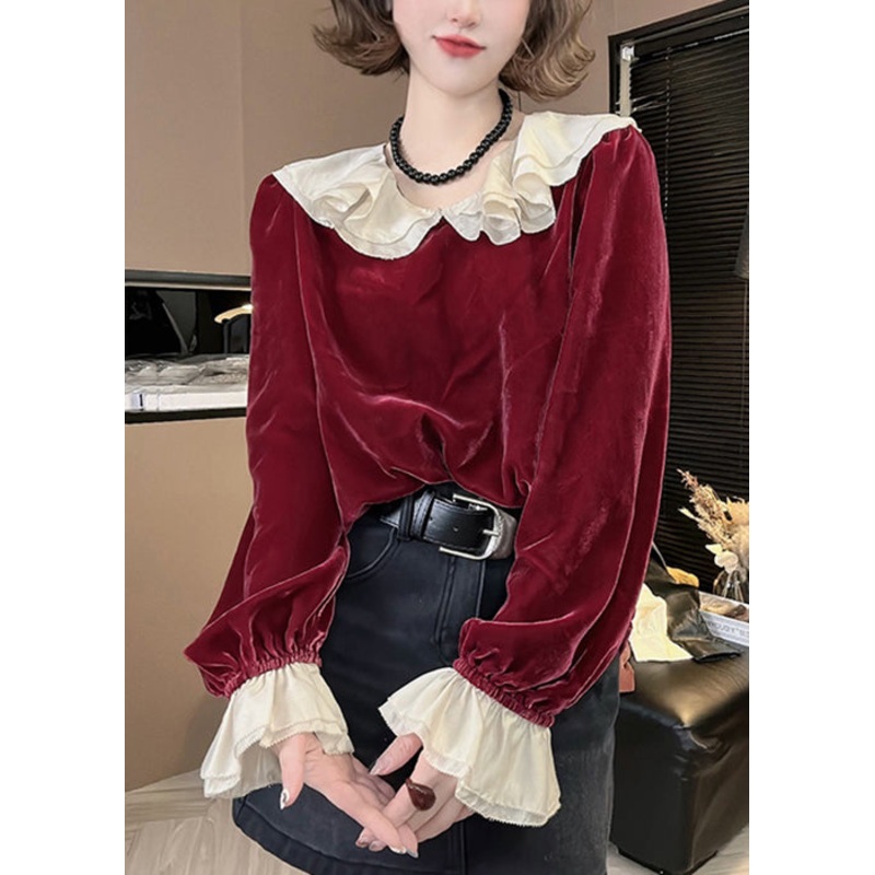 Women Red Ruffled Solid Silk Velour Top Flare Sleeve