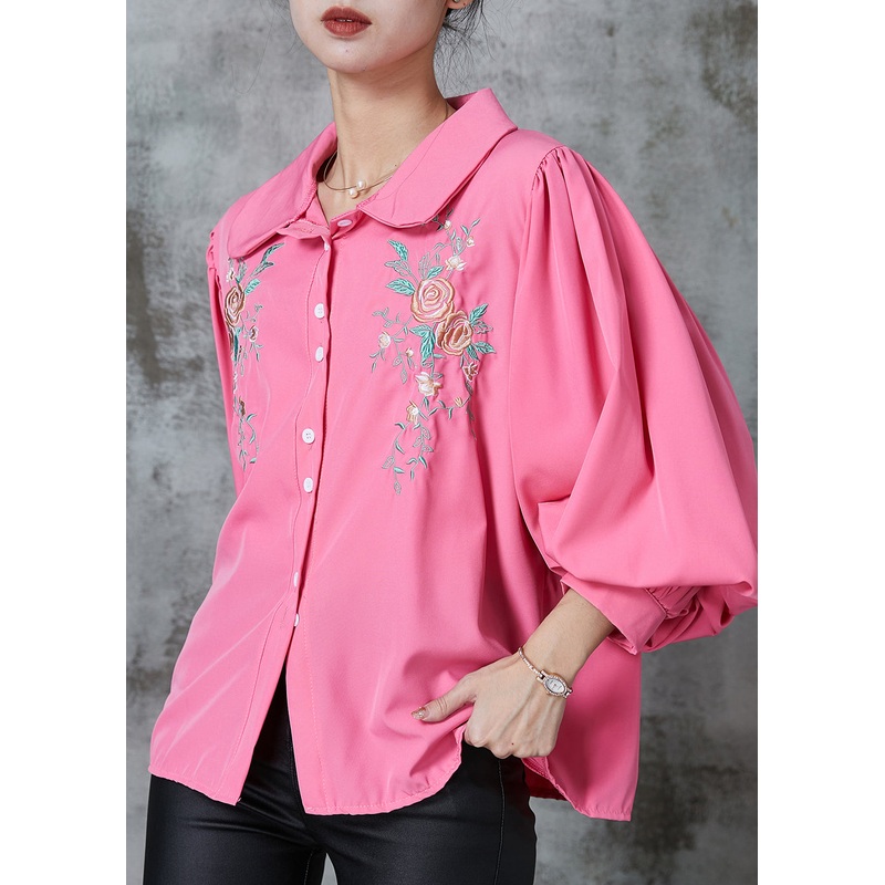Women Rose Embroidered Floral Cotton Shirt Tops Lantern Sleeve
