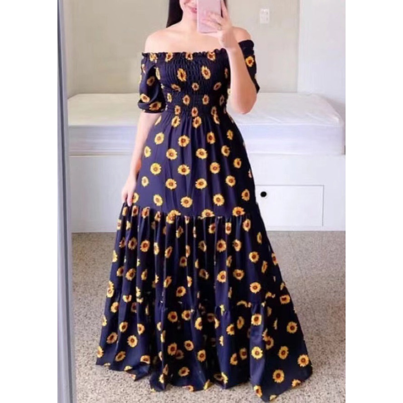 Yellow Print Cotton Long Dresses Wrinkled Short Sleeve