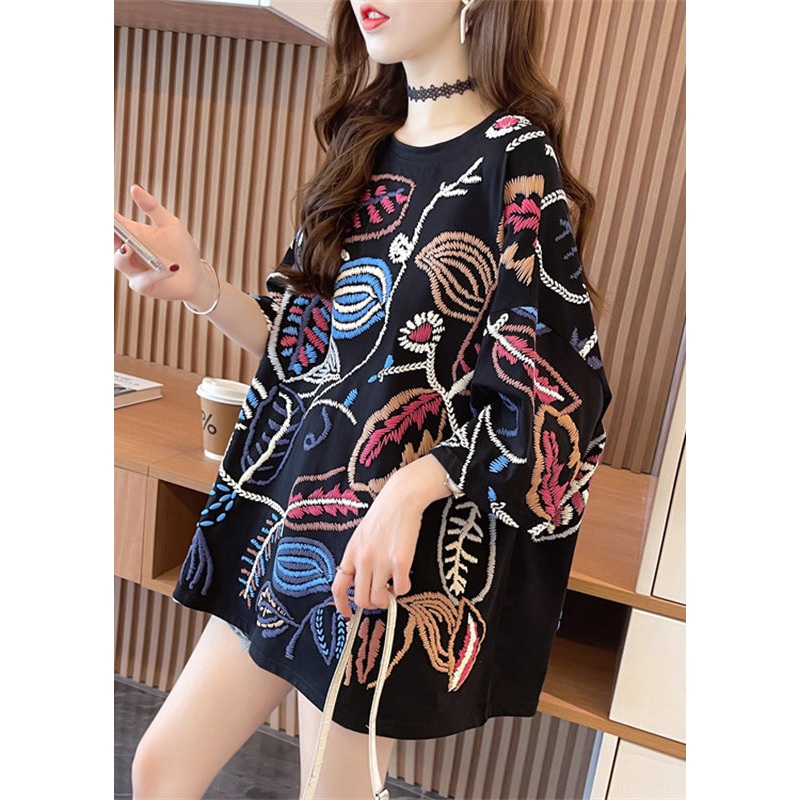 2024 Fashion Black O-Neck Print Top Summer