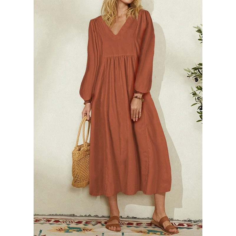 2024 Women's Orange Cotton Linen Loose Balloon Sleeve Dress