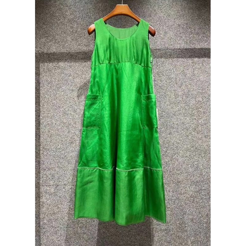 Art Green O Neck Pockets Patchwork Silk Dresses Sleeveless