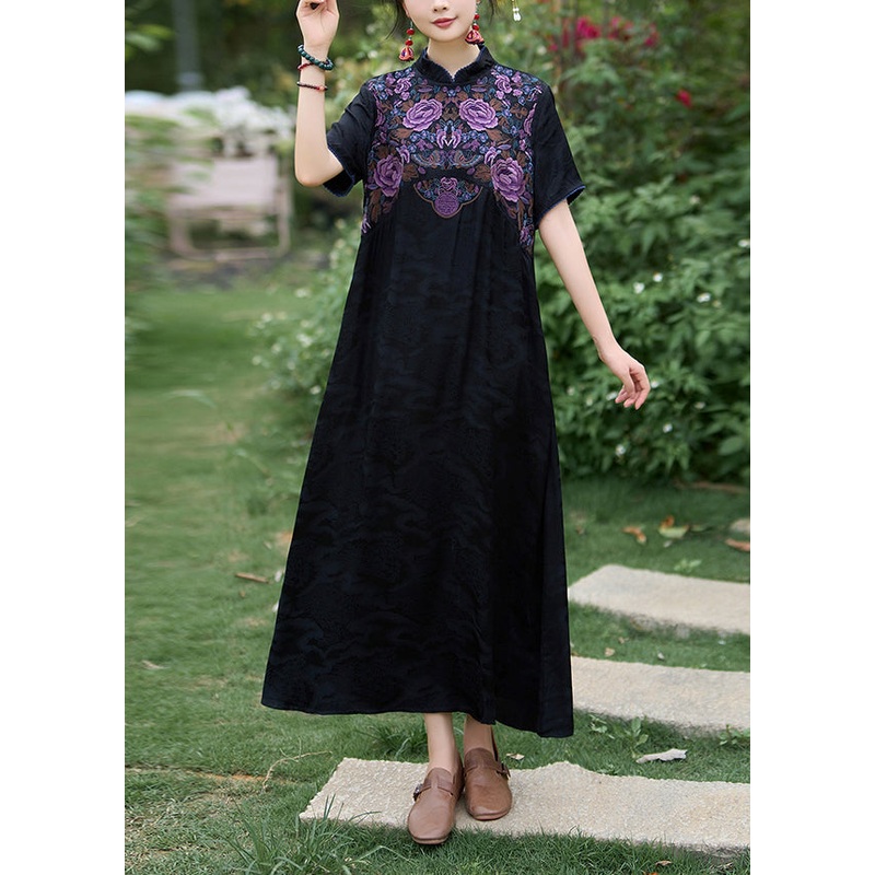Black Bohemian Silk Dress Embroidered Stand Collar Summer