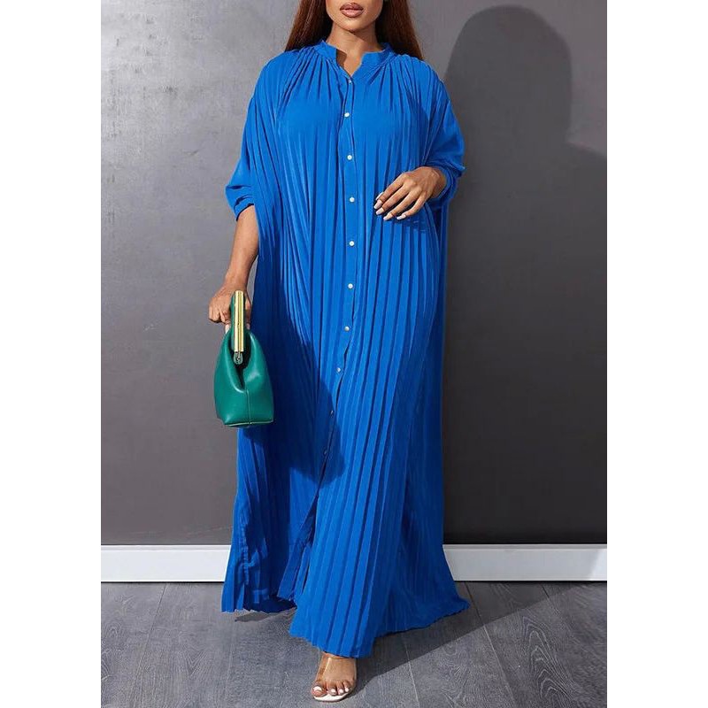 Blue O-Neck Button Vacation Maxi Dresses Long Sleeve