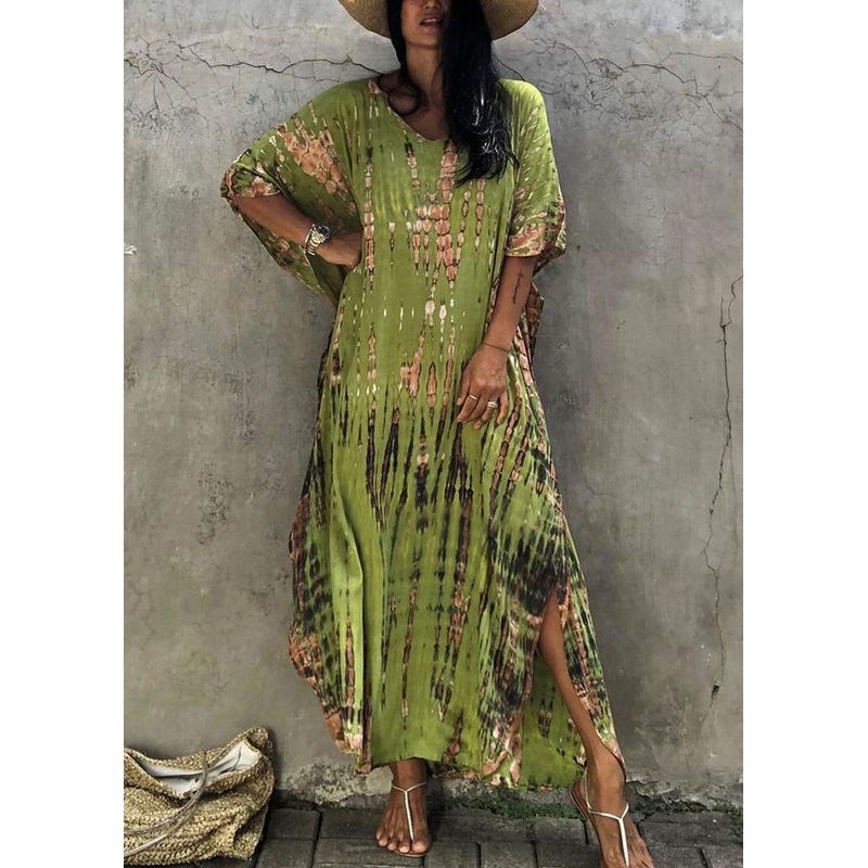 Bohemian Green V Neck Striped Print Women Beach Dress Summer