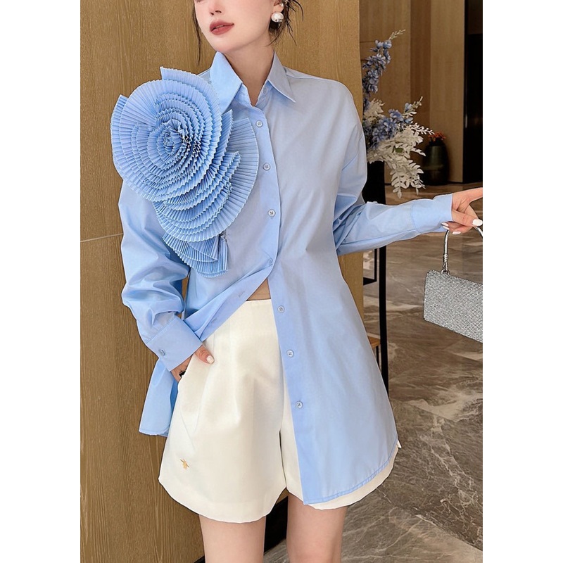Floral Blue Peter Pan Collar Button Cotton Shirts Long Sleeve