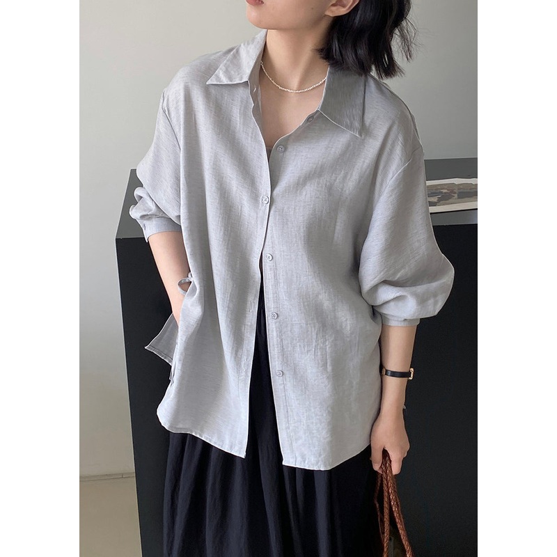 Simple Grey Blue Peter Pan Collar Button Shirt Summer