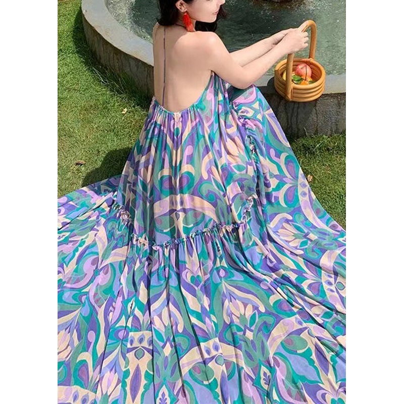 Vacation Style Blue Print Backless Large Hem Long Dress Summer