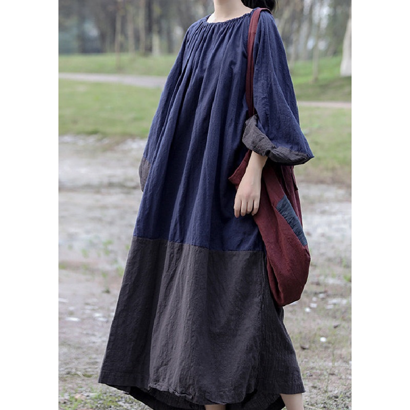Vintage Colorblock Cinched Patchwork Maxi Dresses Long Sleeve
