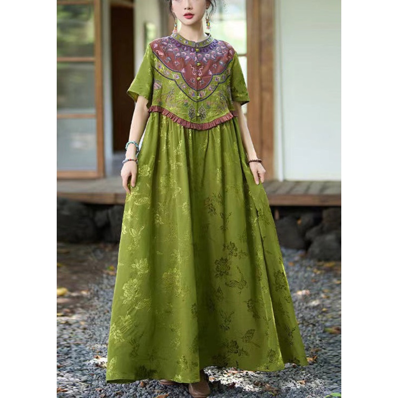 Vintage Green Stand Collar Ruffled Embroidered Silk Dresses Summer