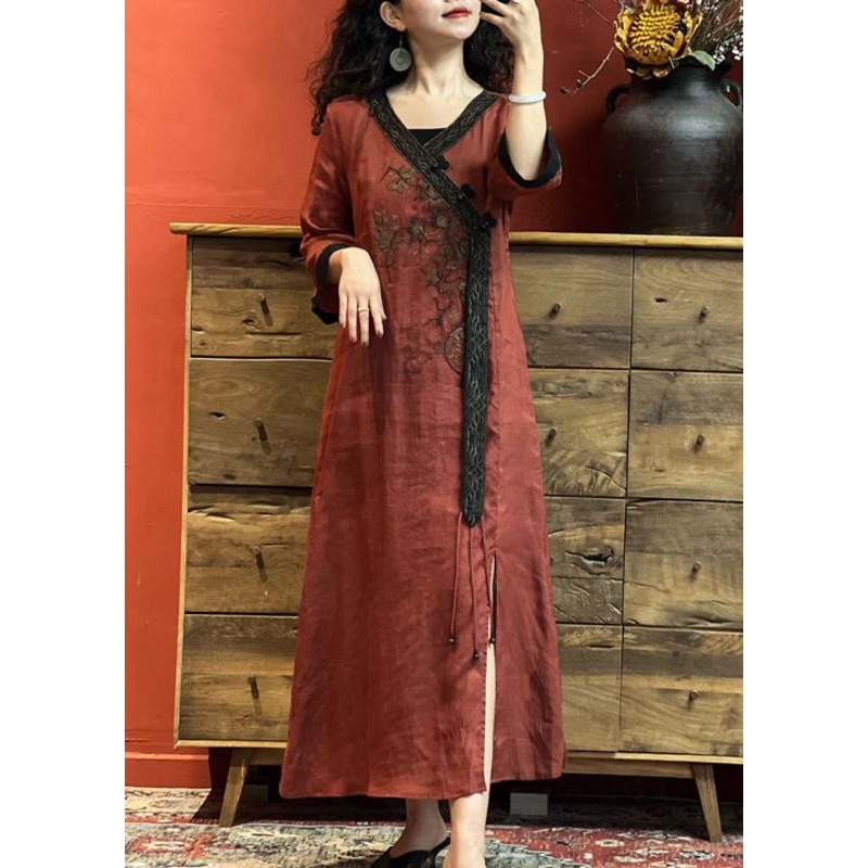 Vintage Red V Neck Embroidered Side Open Linen Dress Summer