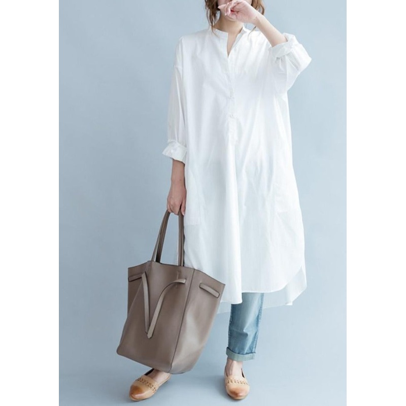 White Fashion Solid Color Cotton Long Shirt Dresses