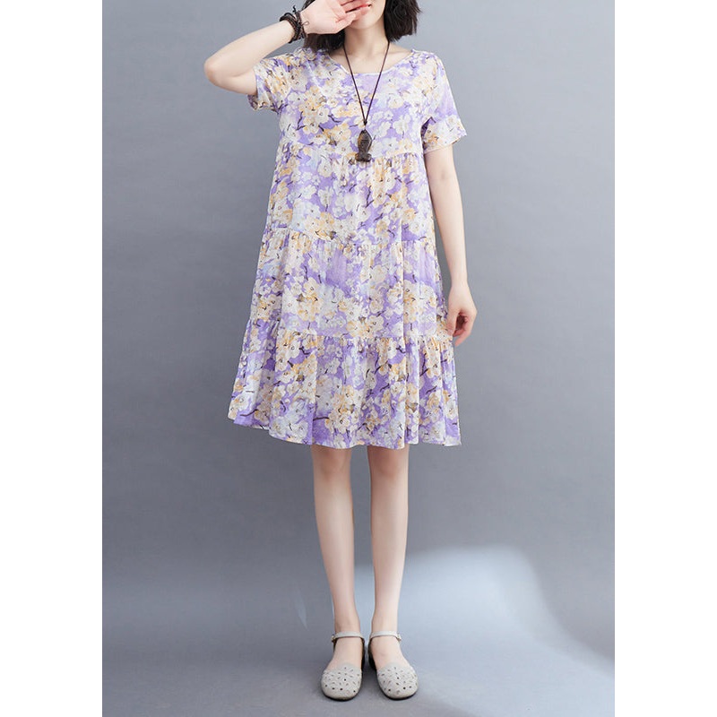 Women Light Purple Patchwork Print Mid Dresses Short Sleeveomen Light Purple Patchwork Print Mid Dresses Short Sleeve