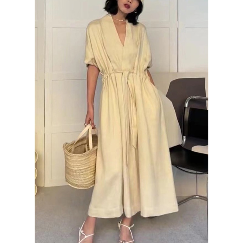Women White V Neck Drawstring Pockets Cotton Dress Summer