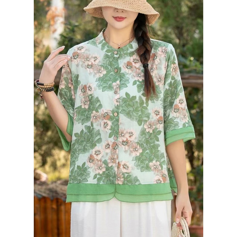 Beautiful Green Stand Collar Print Linen Shirt Top Half Sleeve