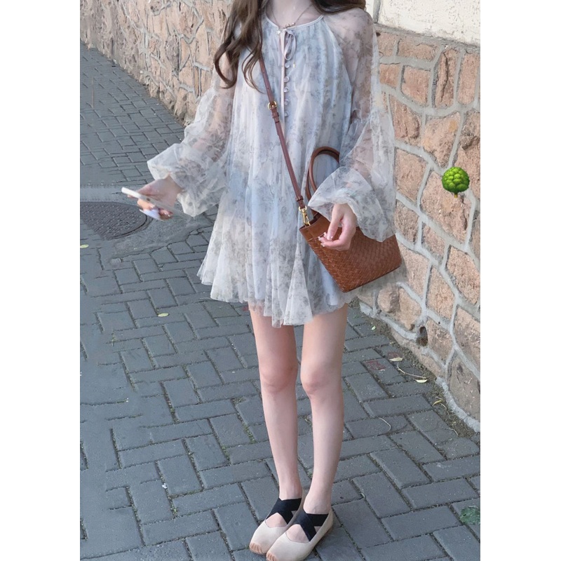 Beautiful Grey Lace Up Print Tulle Mid Dress Long Sleeve