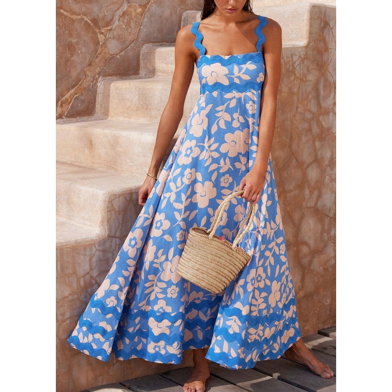 Blue Print Cotton Spaghetti Strap Dress Slash Neck Sleeveless
