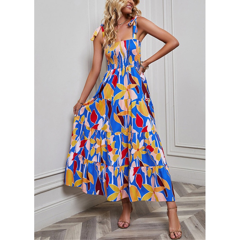 Bohemian Blue Print High Waist Cotton Dresses Summer