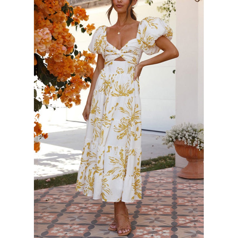 Bohemian Yellow Print Hollow Out Cotton Long Dress Summer