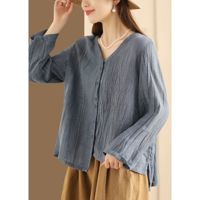 Casual Blue V Neck Button Wrinkled Linen Top Long Sleeve