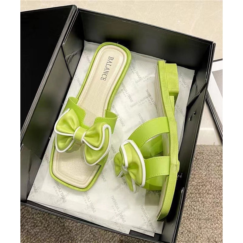Green Stylish Bow Splicing Slide Sandals Peep Toe