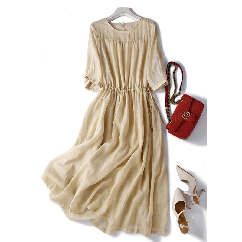 Women Light Khaki O Neck Lace Up Cotton Dress Summer
