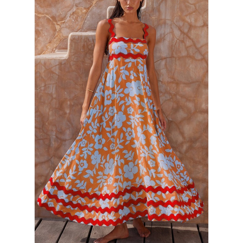 Women Orange Print High Waist Cotton Spaghetti Strap Dress Sleeveless