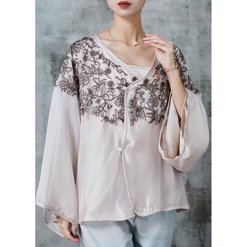 Art Apricot Embroidered Oversized Silk Shirt Tops Spring