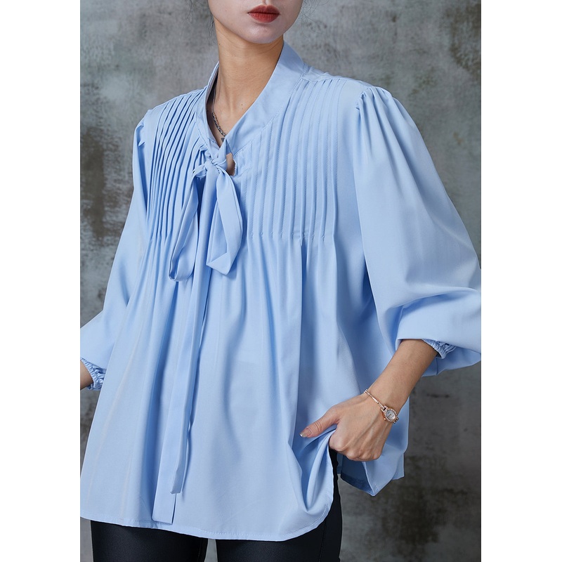 Art Blue Tie Up Wrinkled Cotton Blouse Top Spring