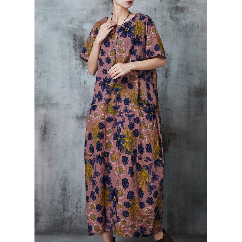 Beautiful Brown Print Pockets Cotton Holiday Dress Summer