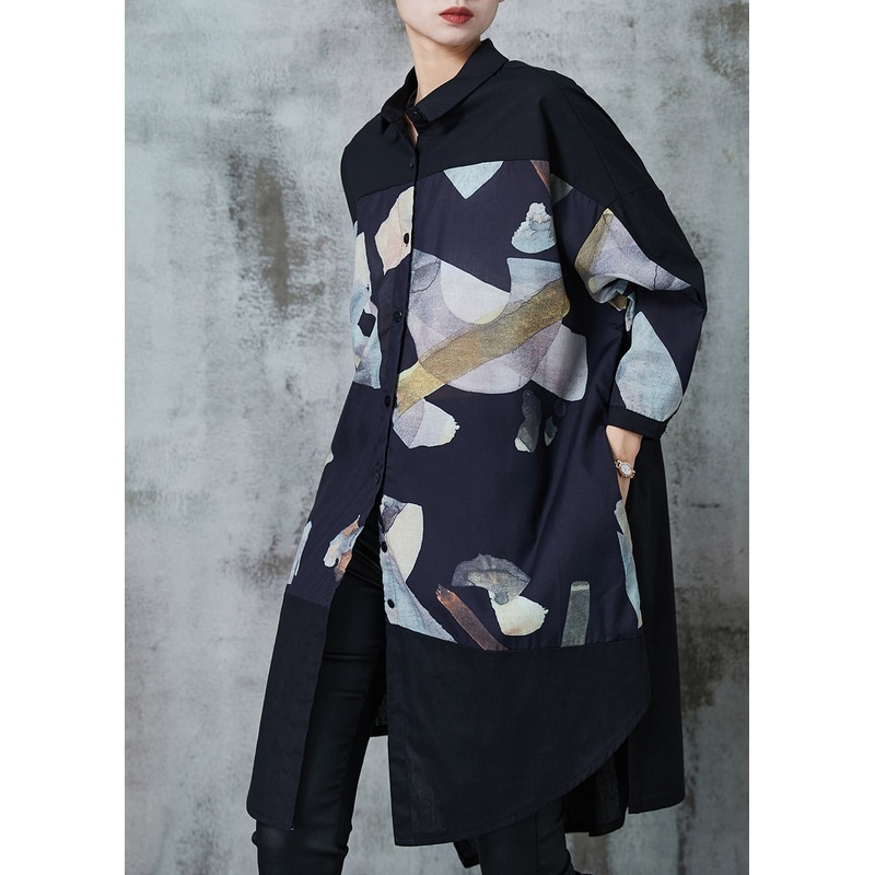 Black Patchwork Cotton Dress Oversized Print Summer
