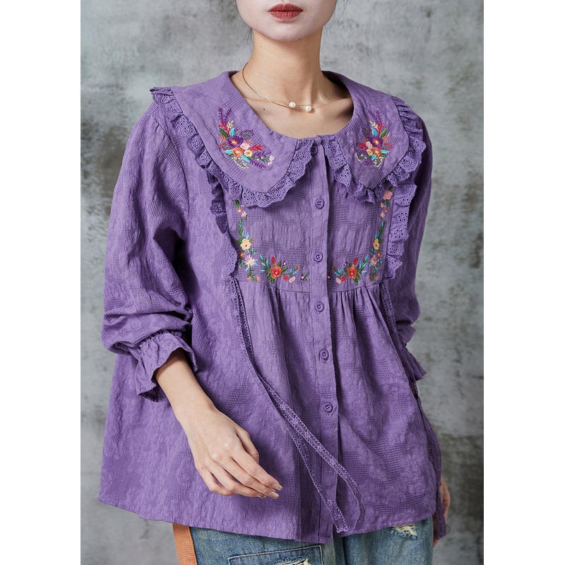 Purple Patchwork Lace Cotton Shirt Top Embroidered Spring