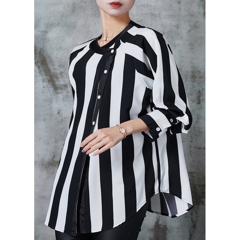 Unique Black Asymmetrical Striped Chiffon Shirt Spring