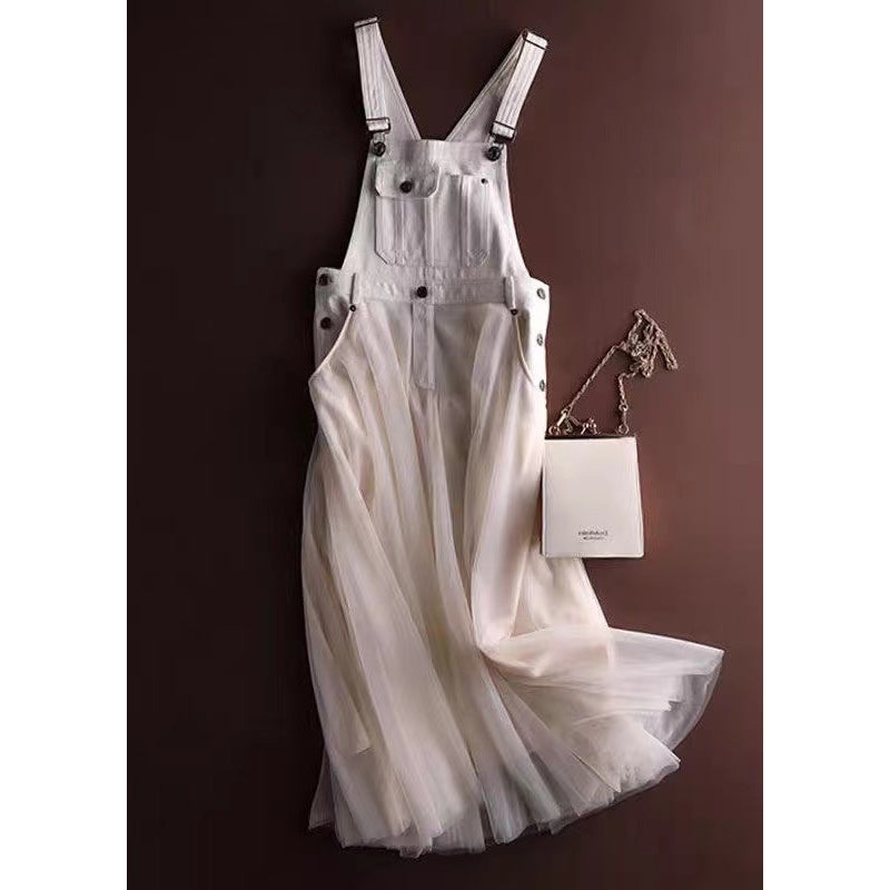 Unique White Tulle Patchwork Denim Strap Dress Summer