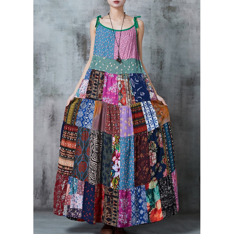 Vintage Color Block Patchwork Exra Large Hem Cotton Spaghetti Strap Dress Summer