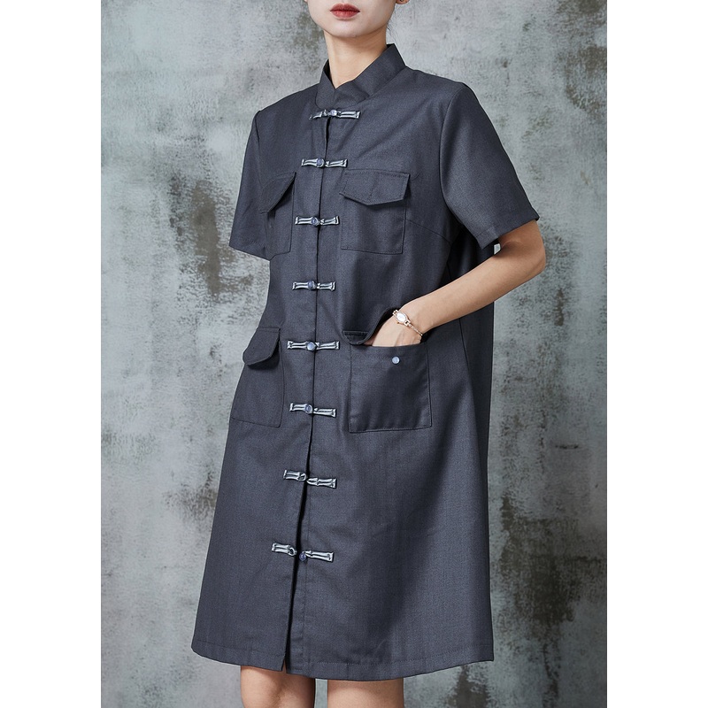 Vintage Grey Chinese Button Pockets Linen Dress Summer