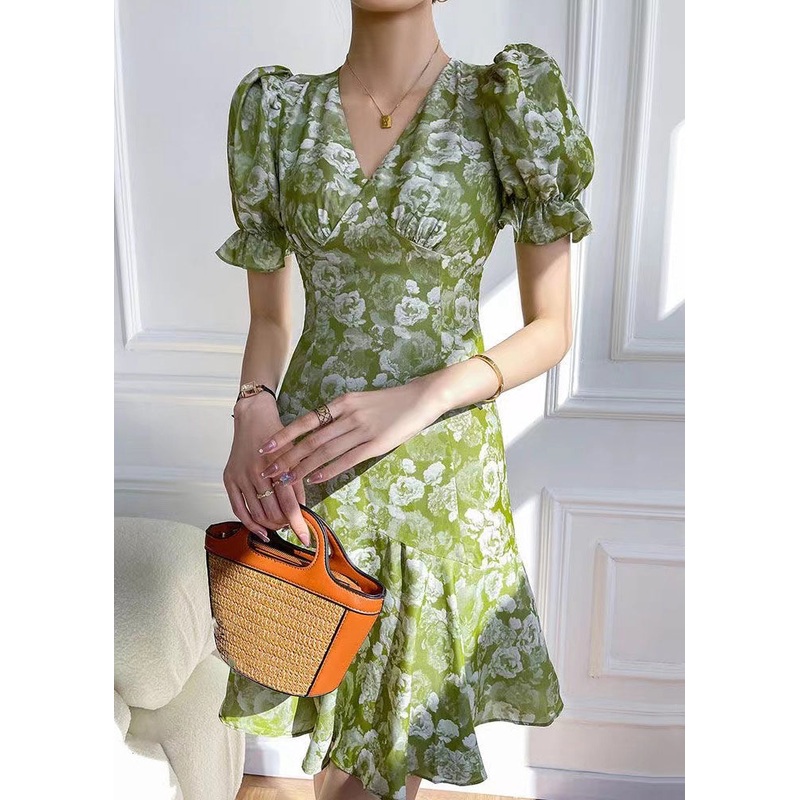 Vogue Green V Neck Ruffled Print Cotton Dress Summer