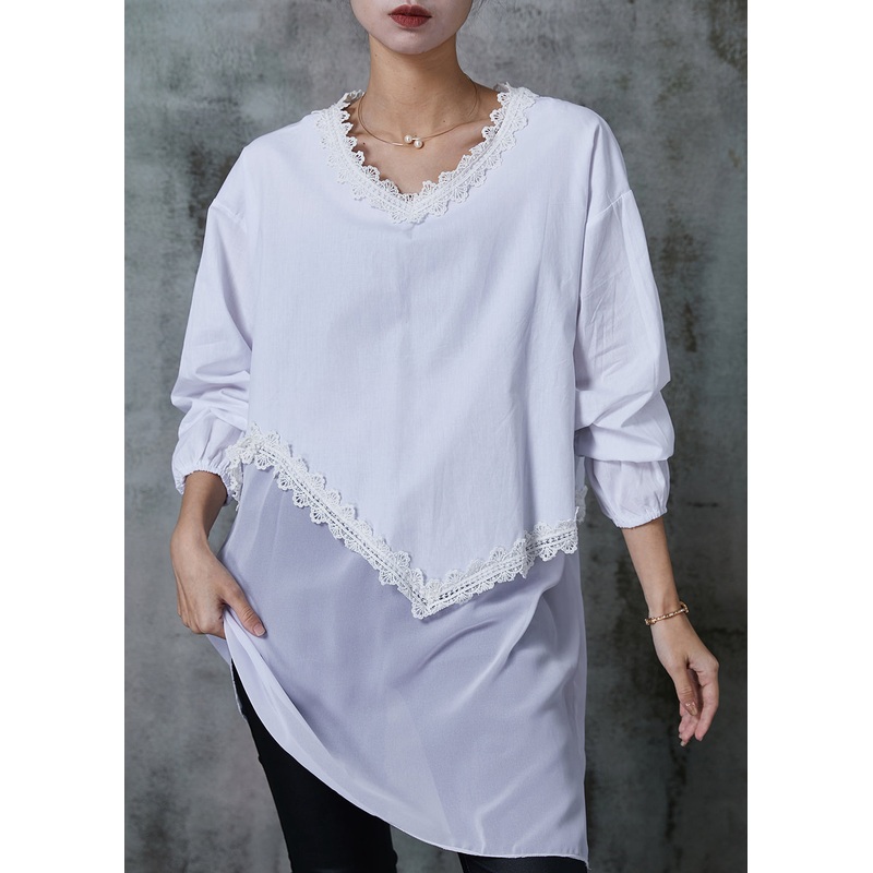 White Patchwork Lace Cotton Blouses Oversized Summer