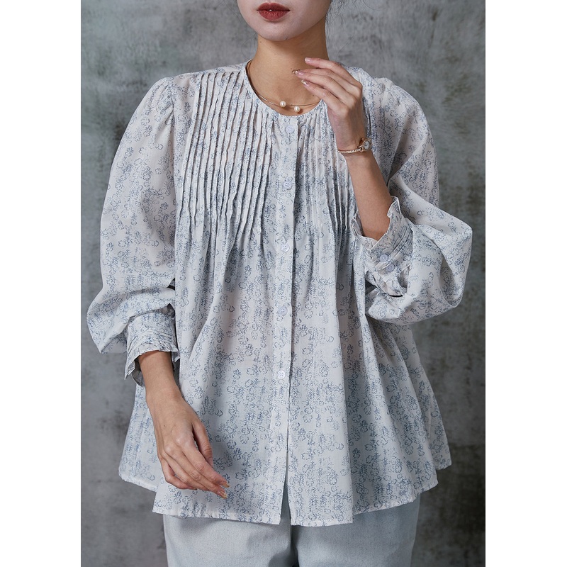 Women White Oversized Print Wrinkled Cotton Shirt Top Spring