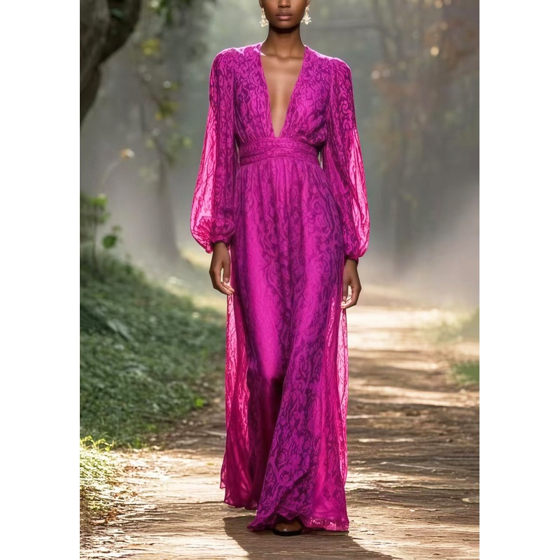 Art Pitaya Color V Neck Jacquard Chiffon Vacation Dress Spring