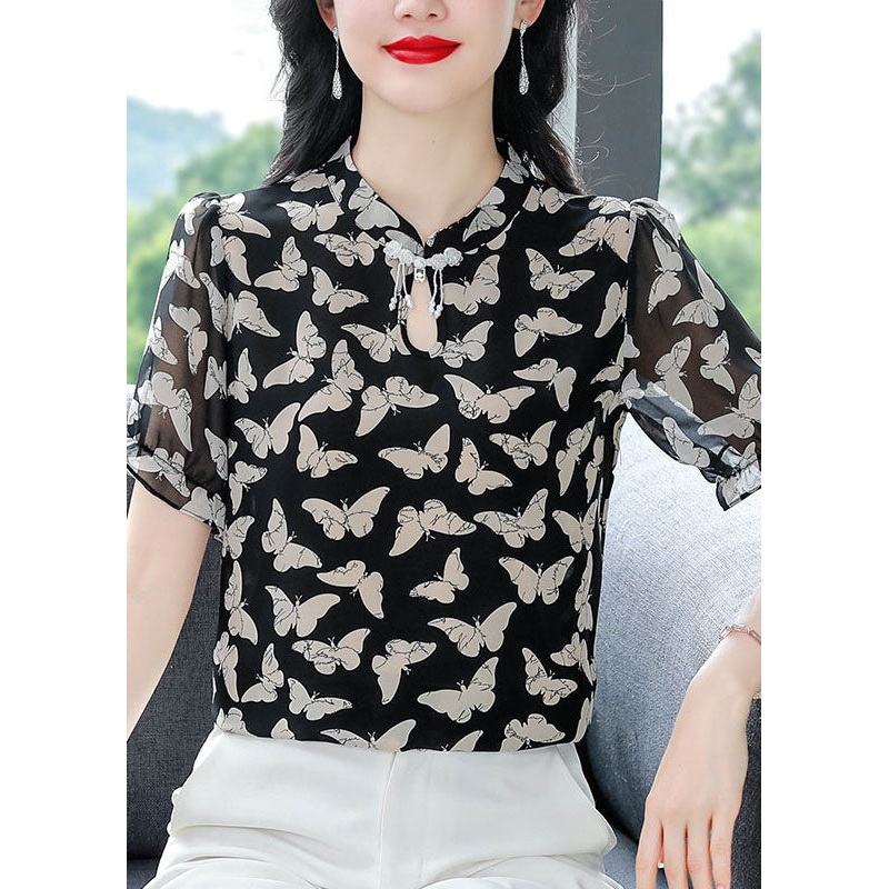 Beautiful Black Stand Collar Print Chiffon Shirts Summer