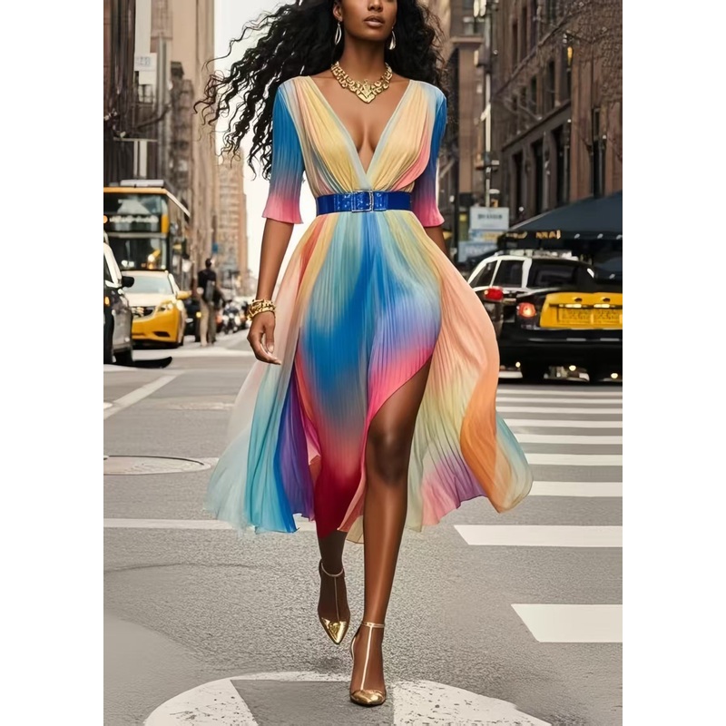 Beautiful Rainbow Cinched Tie Dye Silk Pleated Dresses Summer