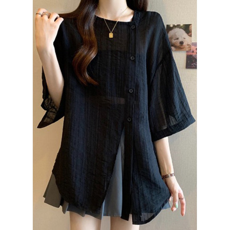 Black Patchwork Chiffon Shirts Asymmetrical Spring