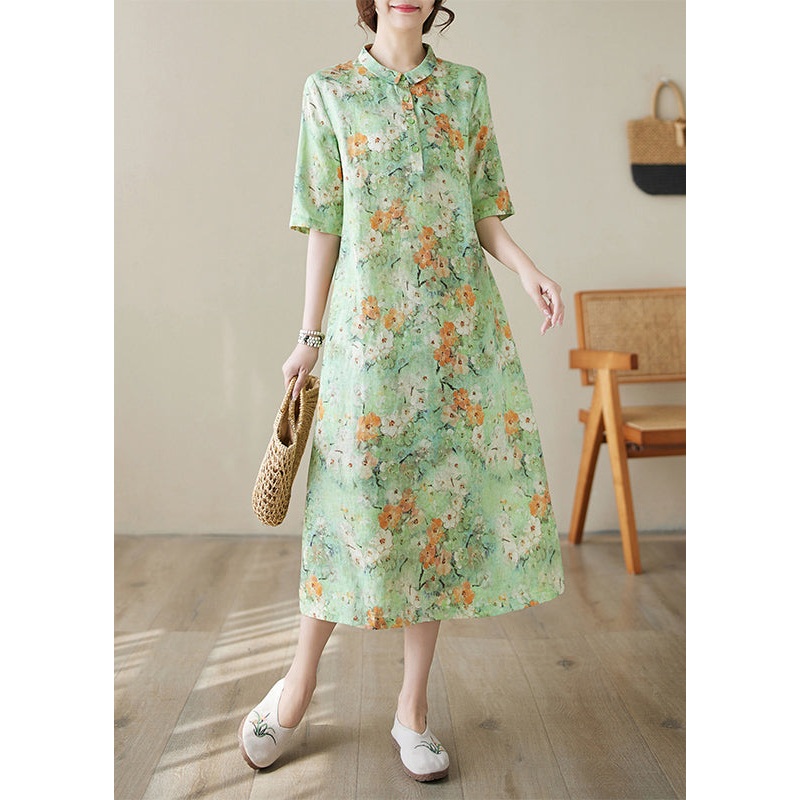 Bohemian Green Peter Pan Collar Print Cotton Long Dresses Summer